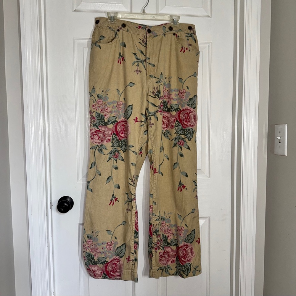 Hunt Club Cream Beige and Pink Floral Cotton Linen Wide Leg Pants size 16 - Picture 4 of 11